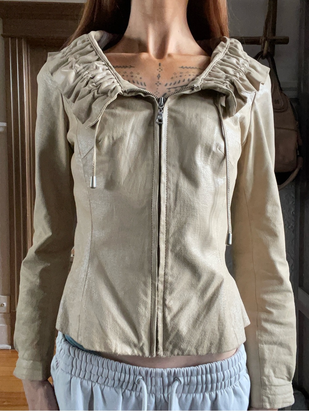 Danier Beige Leather Jacket with Ruffle Collar